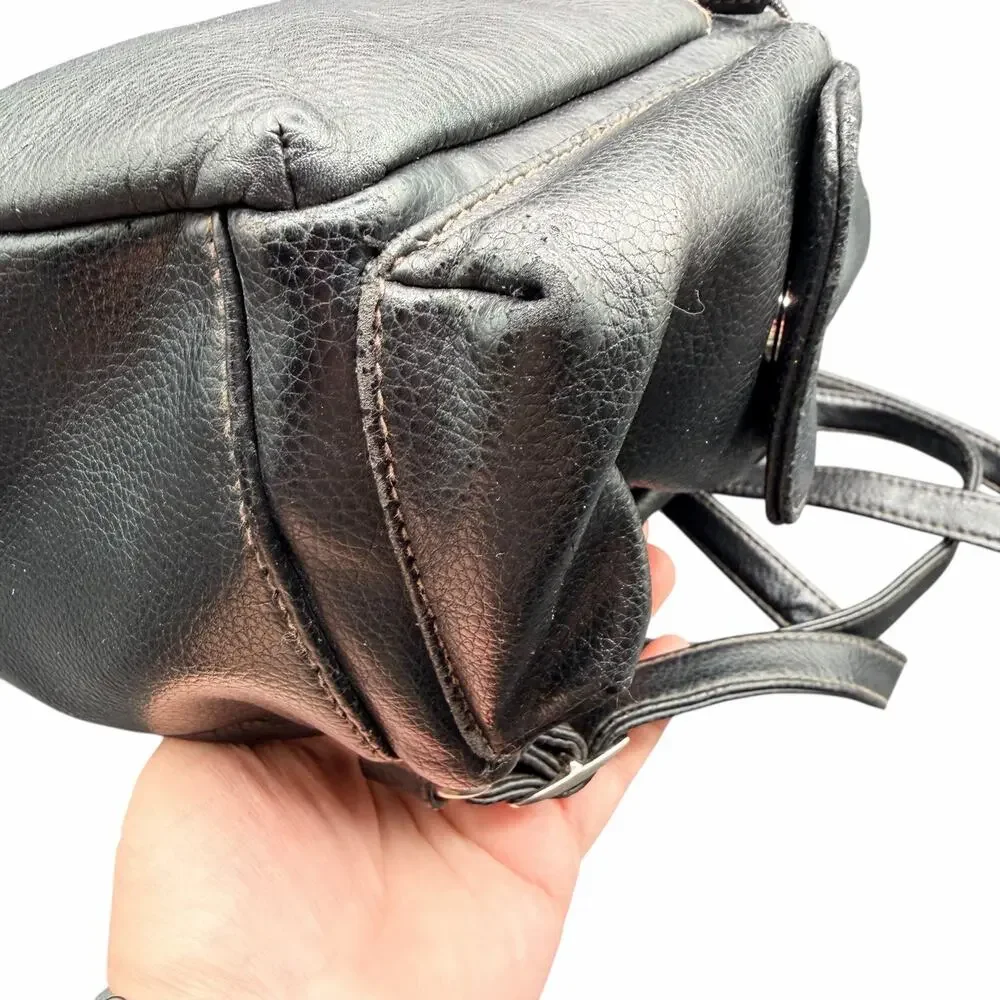 Vintage Black Leather Mini Backpack Small Daypack Zip Pockets